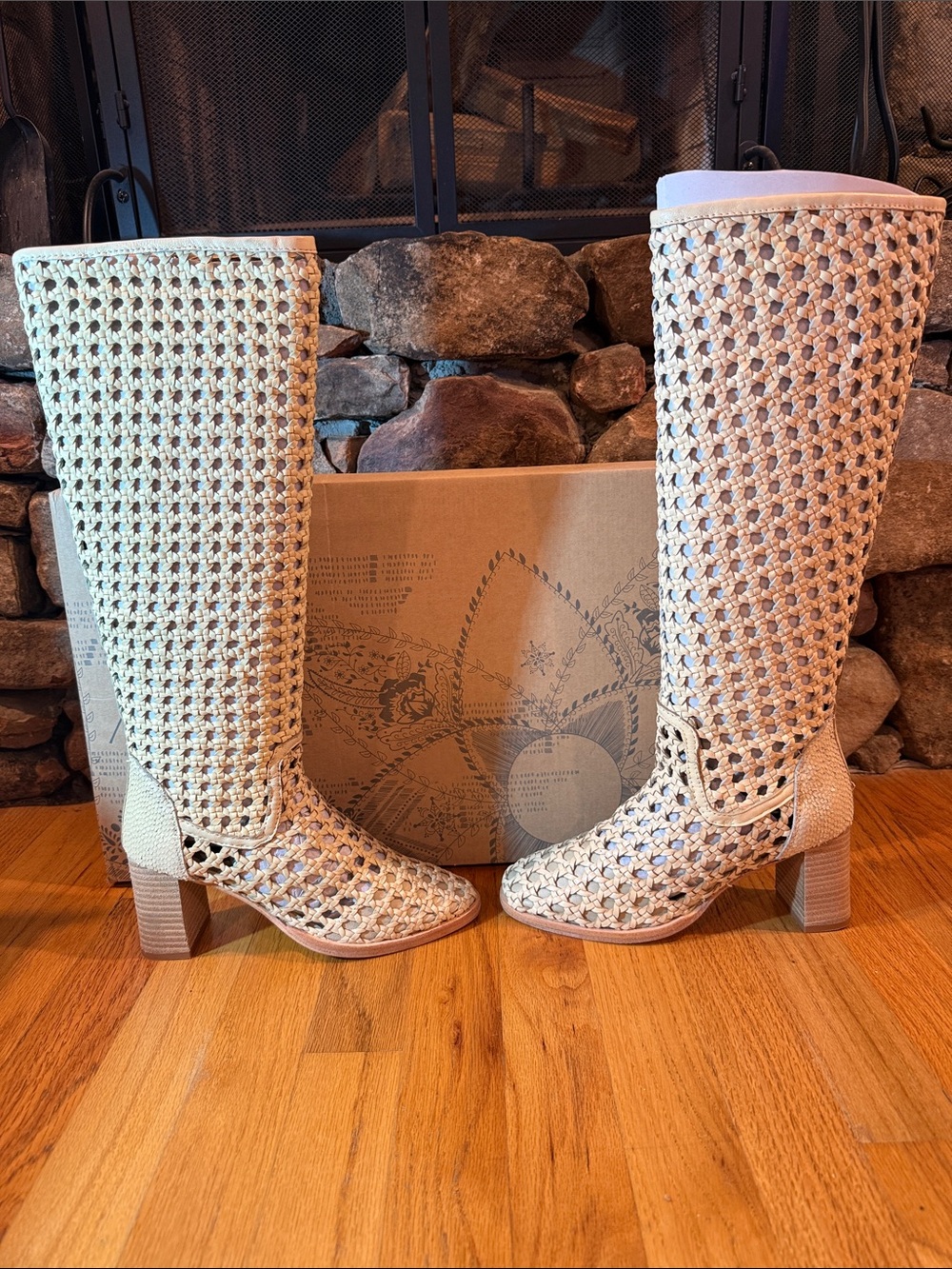 Free People Cream Woven Knee-High Block Heel Boots